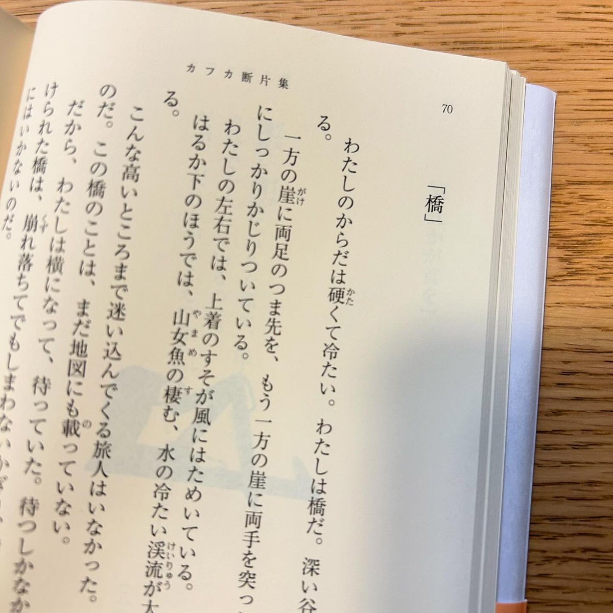 新潮文庫新刊『カフカ断片集』収録の「橋」、大学に入り念願の柴田元幸さんの授業で最初に訳させられた課題で、ものすごく鮮明に覚えている。あまりにシュールな橋になってしまった人間の話、訳していて「これで合ってるのか？」と何度も思った記憶…。これを最初に出してくる柴田先生、さすがです。