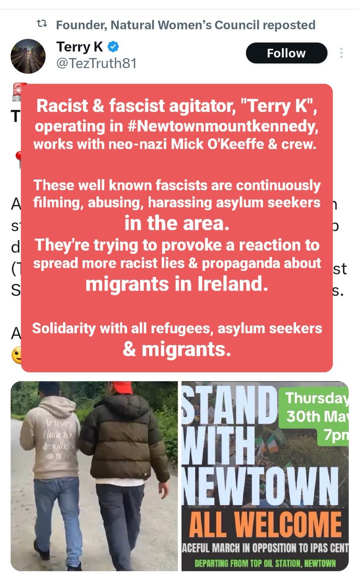 Well known fascist agitators in #Newtownmountkennedy #Wicklow spreading hate, lies & harassing & threatening ppl 24/7. The Irish establishment/authorities don't give a damn! #Organise #Resist Do not let fascists & racists intimidate & threaten ppl in our communities! #Ireland