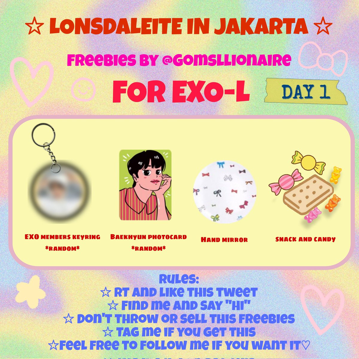 Gomsllionaire (@gomsllionaire) on Twitter photo ☆ FREEBIES LONSDALEITE IN JAKARTA ☆
BY : <a href="/Gomsllionaire/">Gomsllionaire</a> FOR EXO-L
🗓️ 1 JUNI 2024 (DAY 1)
📍ICE BSD
🕑 TBA
Rules :
☆ RT & like this tweet
☆ Find me and say "Hi"
☆ Don't throw or sell this freebies
☆ Feel Free to follow me💖
✨Very Limited quantity✨
SEE YOU EXO-L💖🤍💛 ☆ FREEBIES LONSDALEITE IN JAKARTA ☆
BY : <a href="/Gomsllionaire/">Gomsllionaire</a> FOR EXO-L
🗓️ 1 JUNI 2024 (DAY 1)
📍ICE BSD
🕑 TBA
Rules :
☆ RT & like this tweet
☆ Find me and say "Hi"
☆ Don't throw or sell this freebies
☆ Feel Free to follow me💖
✨Very Limited quantity✨
SEE YOU EXO-L💖🤍💛