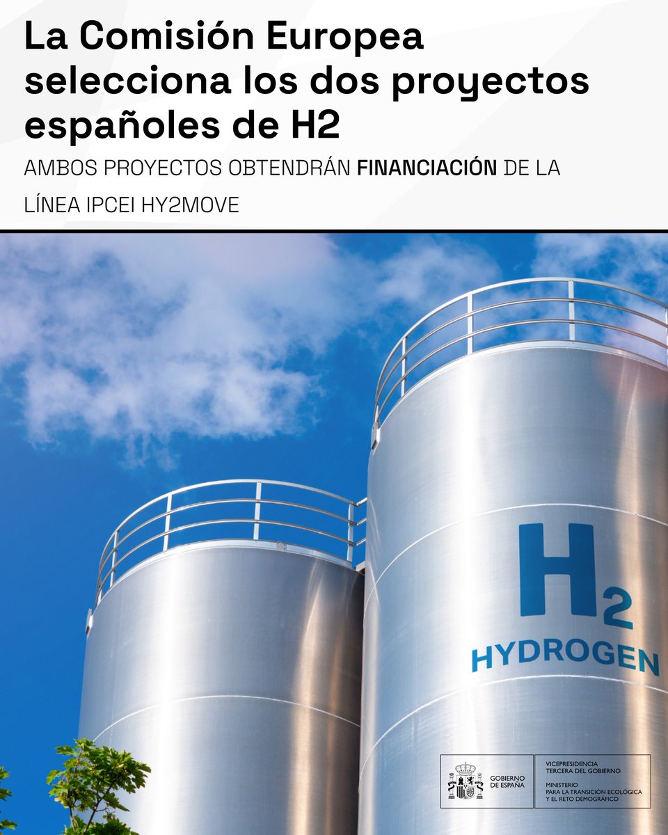 La @EU_Commission selecciona los dos proyectos españoles de hidrógeno renovable ⚡️ → Candidatos a las ayudas IPCEI HY2Move ► Aviación ► Vehículos pesados, incluyendo autobuses y logística móvil para puertos y hubs ¡Éxito del 100%! +info t.ly/kepN4