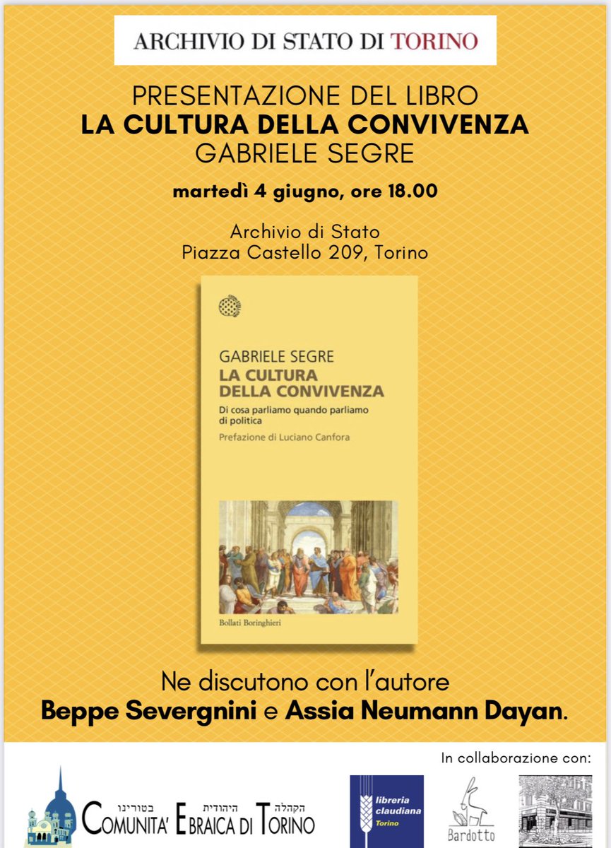 Il prossimo martedì 4 giugno alle ore 18:00 avrò il piacere di presentare il mio libro “La Cultura della Convivenza” presso @ArchivioStatoTo insieme con @beppesevergnini e @AssiaVonNeumann.