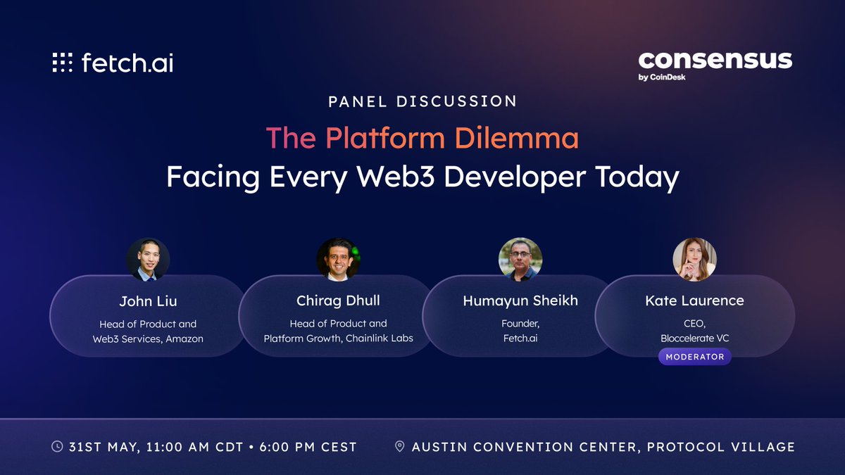We're taking Fetch.ai to every corner of the globe! 🌏 This Friday @HMsheikh4 takes the stage at @consensus2024 to discuss Web3 platform development alongside @chiragdhull of ChainLink Labs, @K_Laurence_ of Bloccelerate & John Liu from Amazon! A stellar