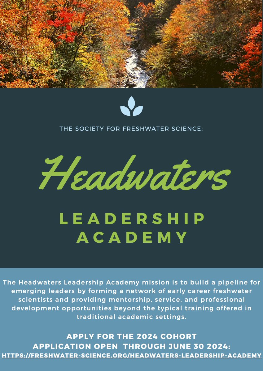 The SFS Headwaters Leadership Academy is now accepting applications for its 2024 cohort! This program teaches early career scientists non-research skills like running a lab & budgeting + provides networking opportunities. Applications due June 30: freshwater-science.org/headwaters-lea…
