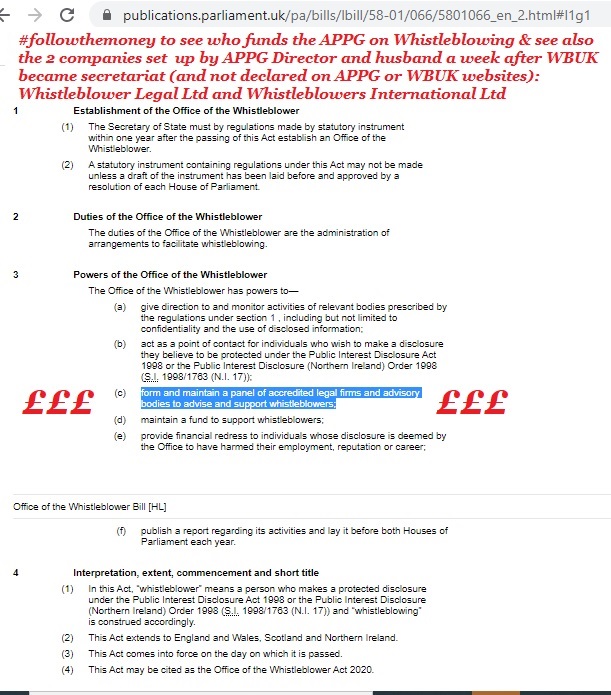 @TracyAustin_ @CompassnInCare Below is an extract from one of the various Bills attempting to get #OfficeoftheWhistleblower #OWB in UK. It's no coincidence about advisory bodies & legal firms...recall who funds WBUK & #APPG on #Whistleblowing? And who supports WBUK despite the evidence of misconduct? Protect.