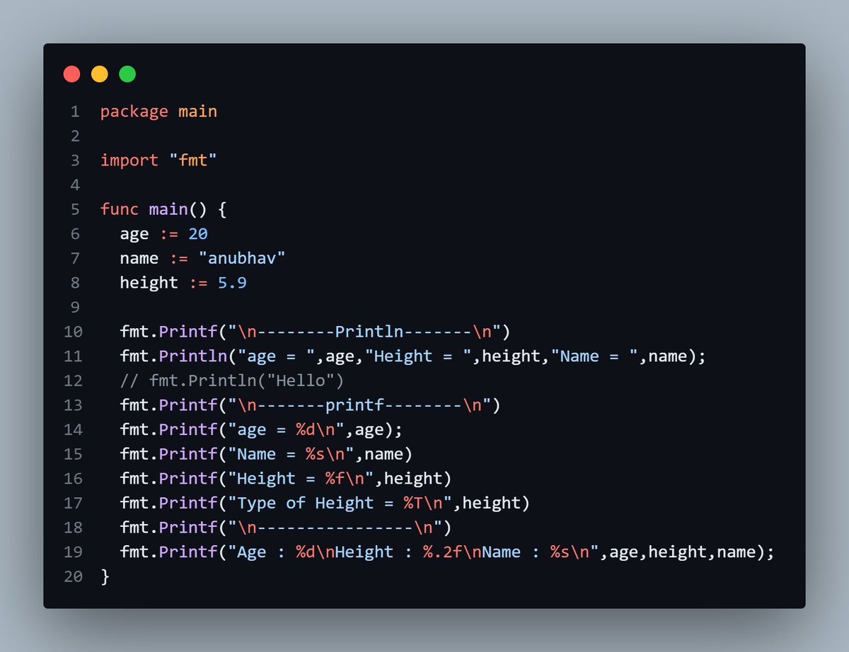 LearningGolangDay2
->difference between Println & Printf
Printf-used to format the output using format specifier 
Println-is used to print one or more values, followed by a newline character
->format specifier|%s|%d|%f|%T.
#Coding #LearnToCode #GoProgramming #DevCommunity #Golang