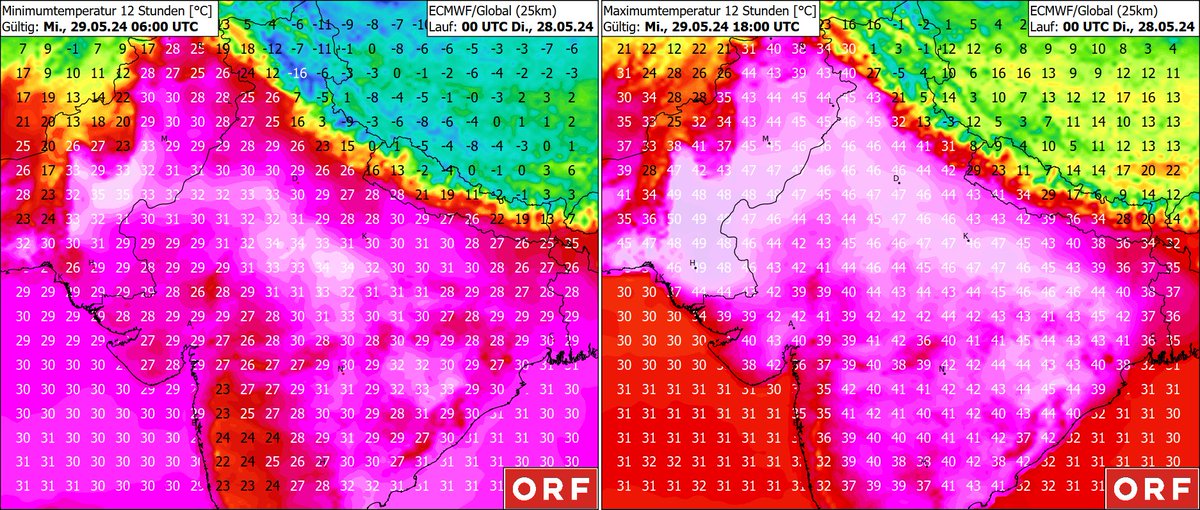 Die extreme Hitzewelle in Teilen Indiens und Pakistans hält an. Hier die Prognose für morgen: Tiefsttemperaturen bis zu 35°, Höchsttemperaturen bis zu 50°.