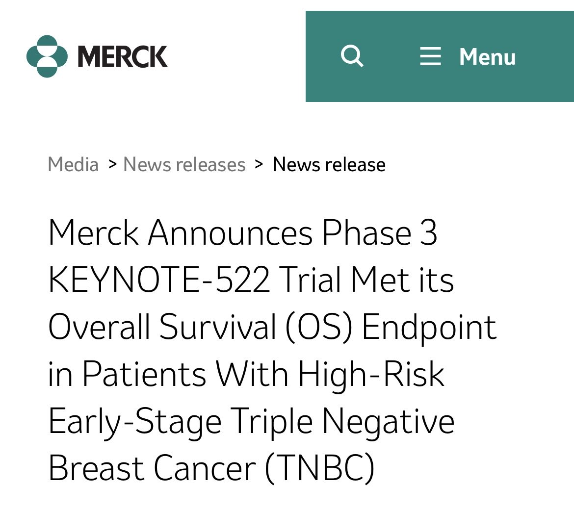 Exciting news! The Phase 3 KEYNOTE-522 trial met its OS endpoint in high-risk early-stage TNBC patients. This confirms the therapy's extraordinary potential in saving lives. #bcsm #TNBC