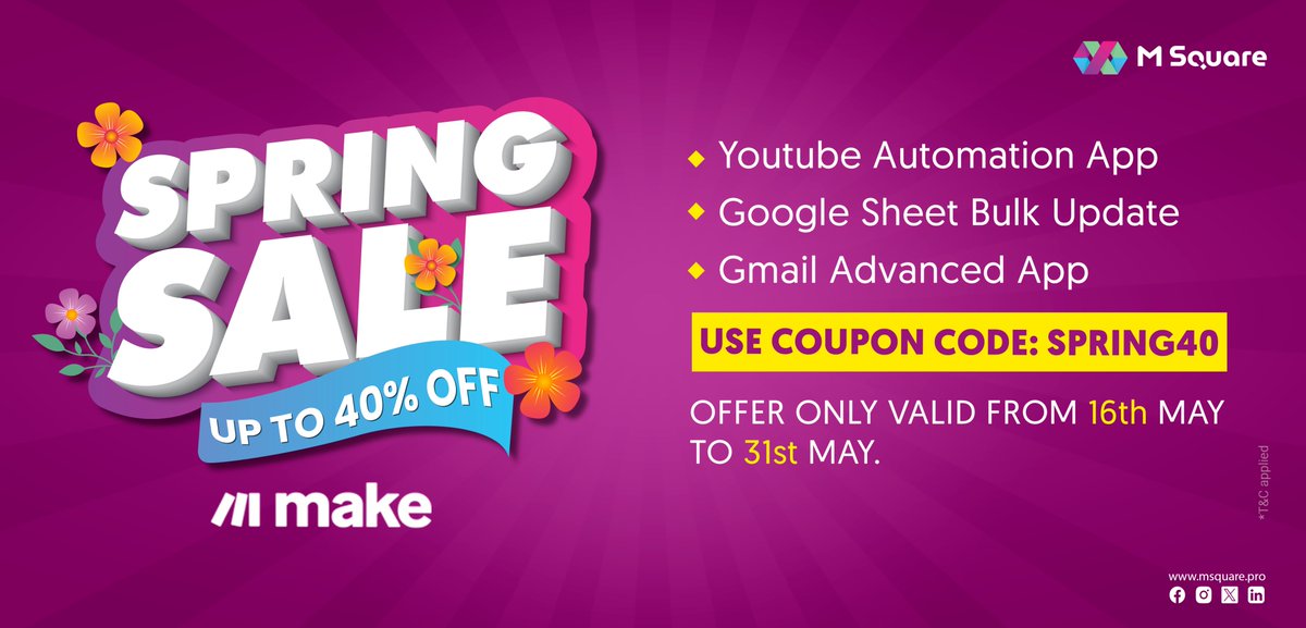MsquareAutomate's tweet image. 🔥 SPRING SALE ENDING SOON! 🔥 
Use coupon code: SPRING40 
👉: msquare.pro/products
 calendly.com/msquarepro/mee…

#SpringSale #CustomIntegrations #WorkflowAutomation #LimitedTimeDeal #NoCodeTools #BusinessProductivity #DigitalTransformation