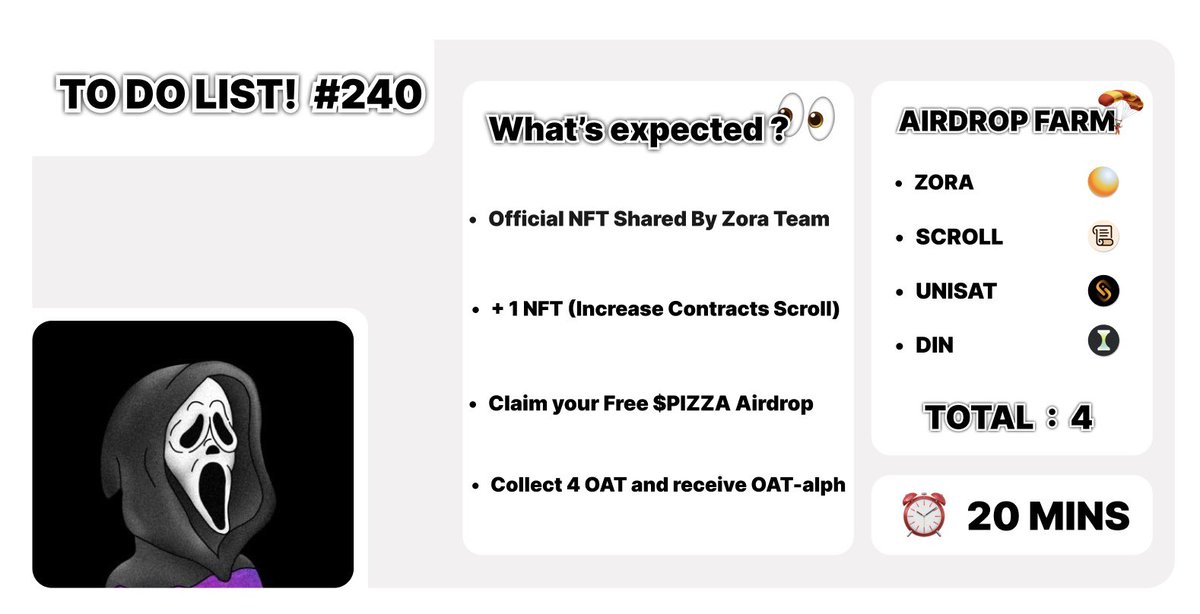 📝 𝗧𝗢 𝗗𝗢 𝗟𝗜𝗦𝗧! #240 🔹 Official NEW NFT shared by Zora Team 🔗 - zora.co/collect/zora:0… 🔹 + 1 NFT (Increase Contracts Scroll) 🔗 - ethsphere.nfts2.me 🔹 Claim your free $PIZZA Airdrop 🔗 - unisat.io/pizza 🔹 Collect 4 OAT and receive OAT-alph 🔗 -