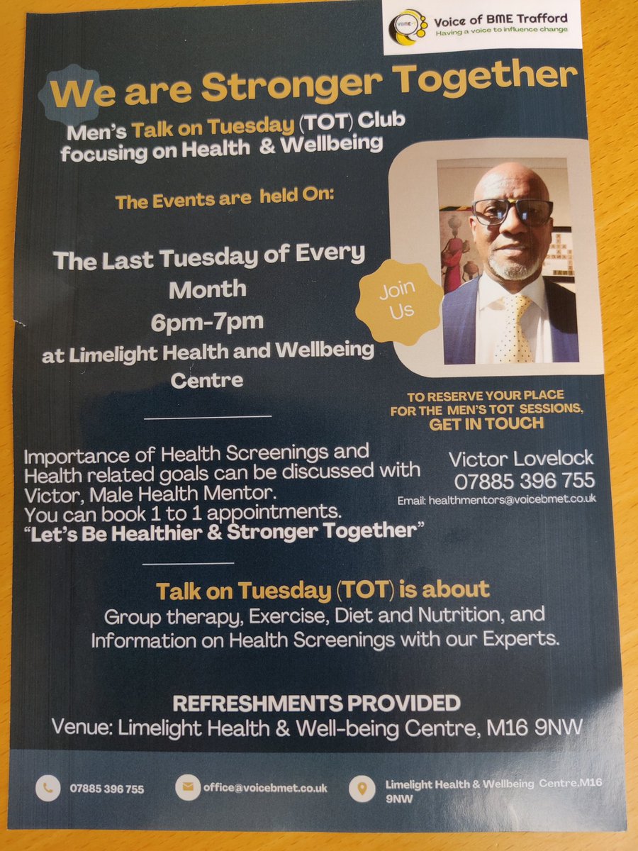 Join Victor from Voicebmet for the Men's Talk on Tuesday (TOT) Club. #Men #Health #Wellbeing #Trafford