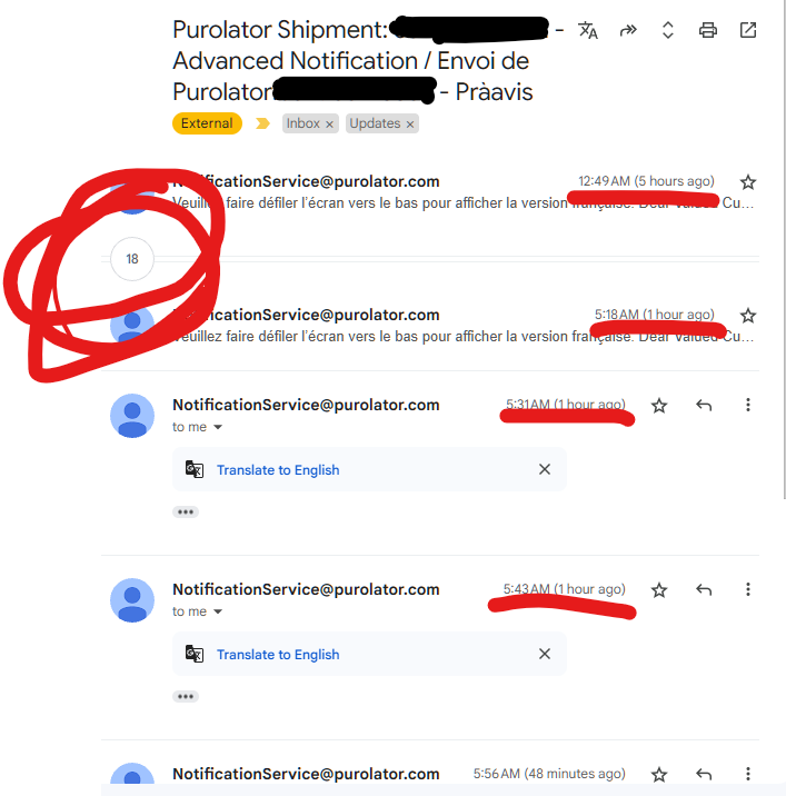 Holy moly <a href="/PurolatorInc/">Purolator 🇨🇦</a> Your advanced notification has a glitch:  20-some-odd emails in the last 5 hours...