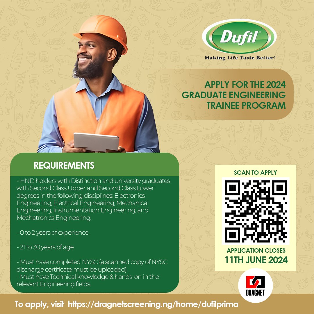 DragnetNigeria's tweet image. The application window for the Dufil Prima Graduate Engineering Trainee Program has been extended.

If you missed out on sending in your entry for the position, do it now. 

Apply NOW using the link: dragnetscreening.ng/home/dufilprima

#DufilPrimaGraduateTrainee #graduatetraineeprogram