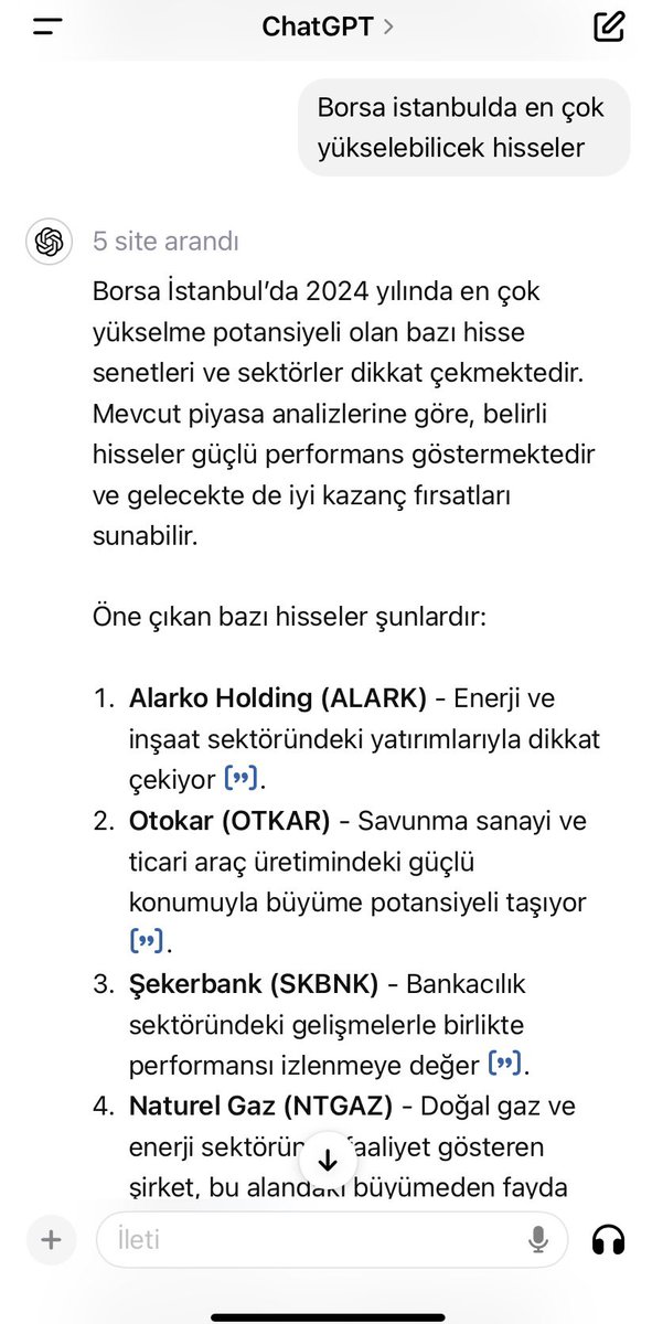 #bist100şirketler 

CHATGPT SORDUK 2024 YÜKSELME POTANSİYELİ EN ÇOK OLAN HİSSELER NELERDİR DİYE ?

SIRASIYLA ;

#alark 
#otkar
#skbnk 
#ntgaz 

Bakalım neler olucak yılsonu bu gönderiyi güncelleyelim 🫡

#endeks #Borsaİstanbul #hisse