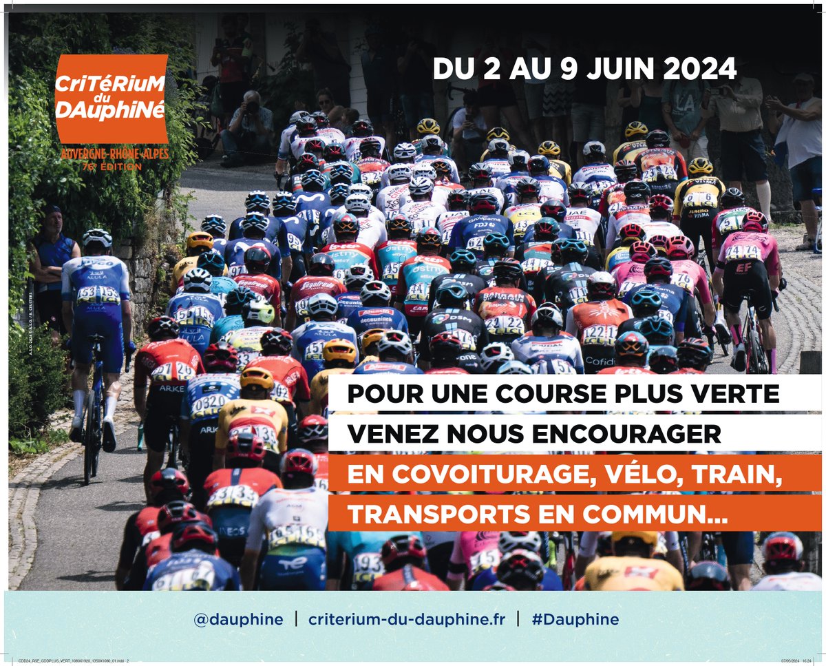 🌱 Venez encourager les coureurs du #Dauphiné en privilégiant les mobilités douces ! 🚄 Retrouvez les gares situées à proximité du parcours du Critérium du #Dauphiné 2024 en cliquant sur le lien ci-dessous : 📲 bit.ly/3yCPM2E #LAveniràVélo