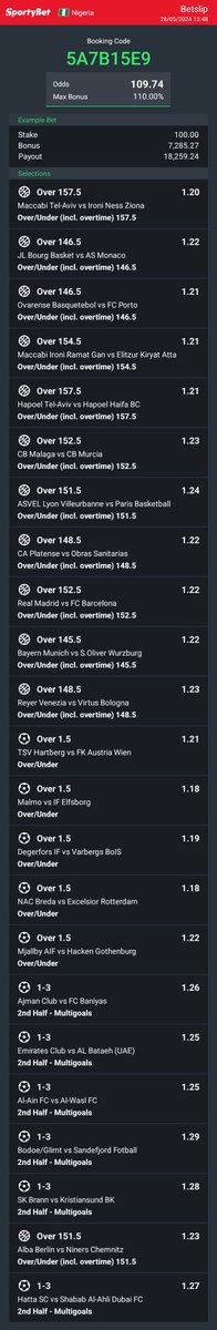 BasketBall Overs + Over 1.5 Goals 🔥 We Play Again🍻 📌 1️⃣0️⃣0️⃣+ ODDS Code 👉 5A7B15E9 Bookie 👉 SportyBet Good luck 🤞 RT ✅