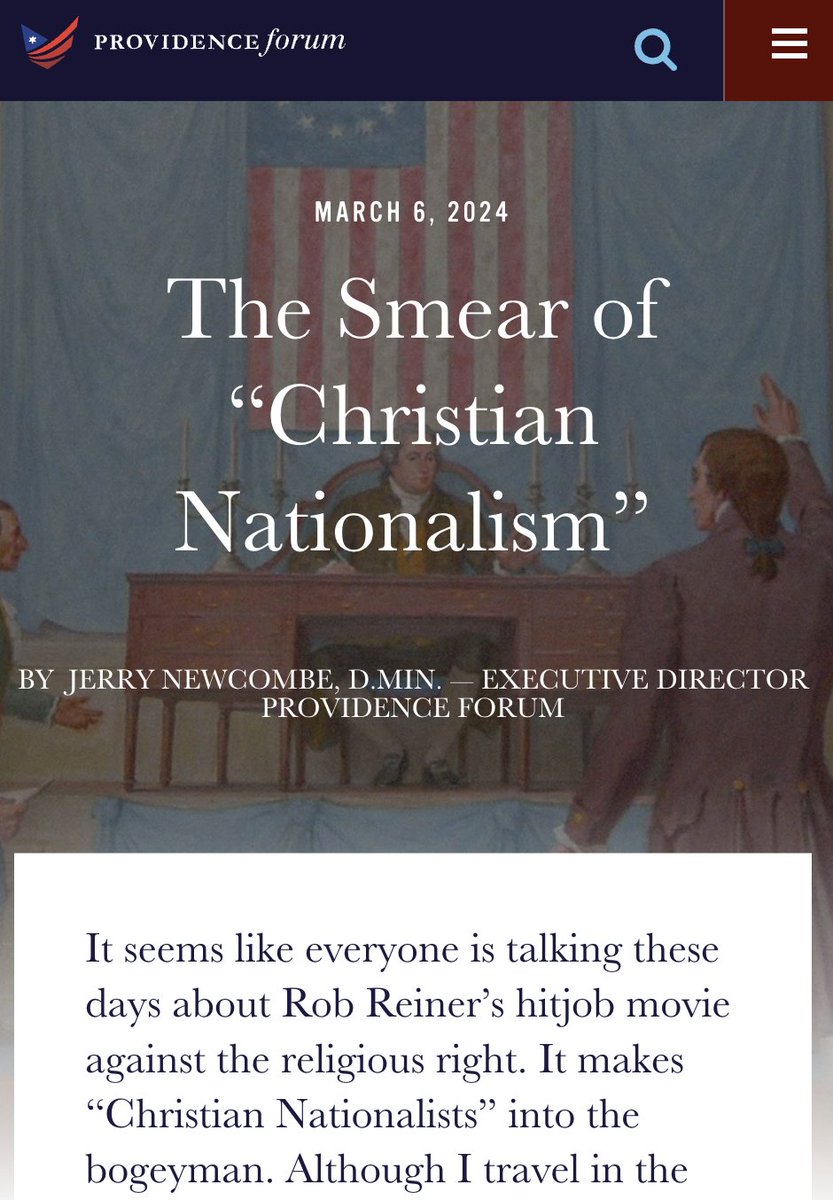 3. The next slide in the deck quotes an article by Peter Lillback, the president of Westminster Theological Seminary and the founder of The Providence Forum, an organization that promotes and defends Christian nationalism. The group's executive director, Jerry Newcombe, writes a