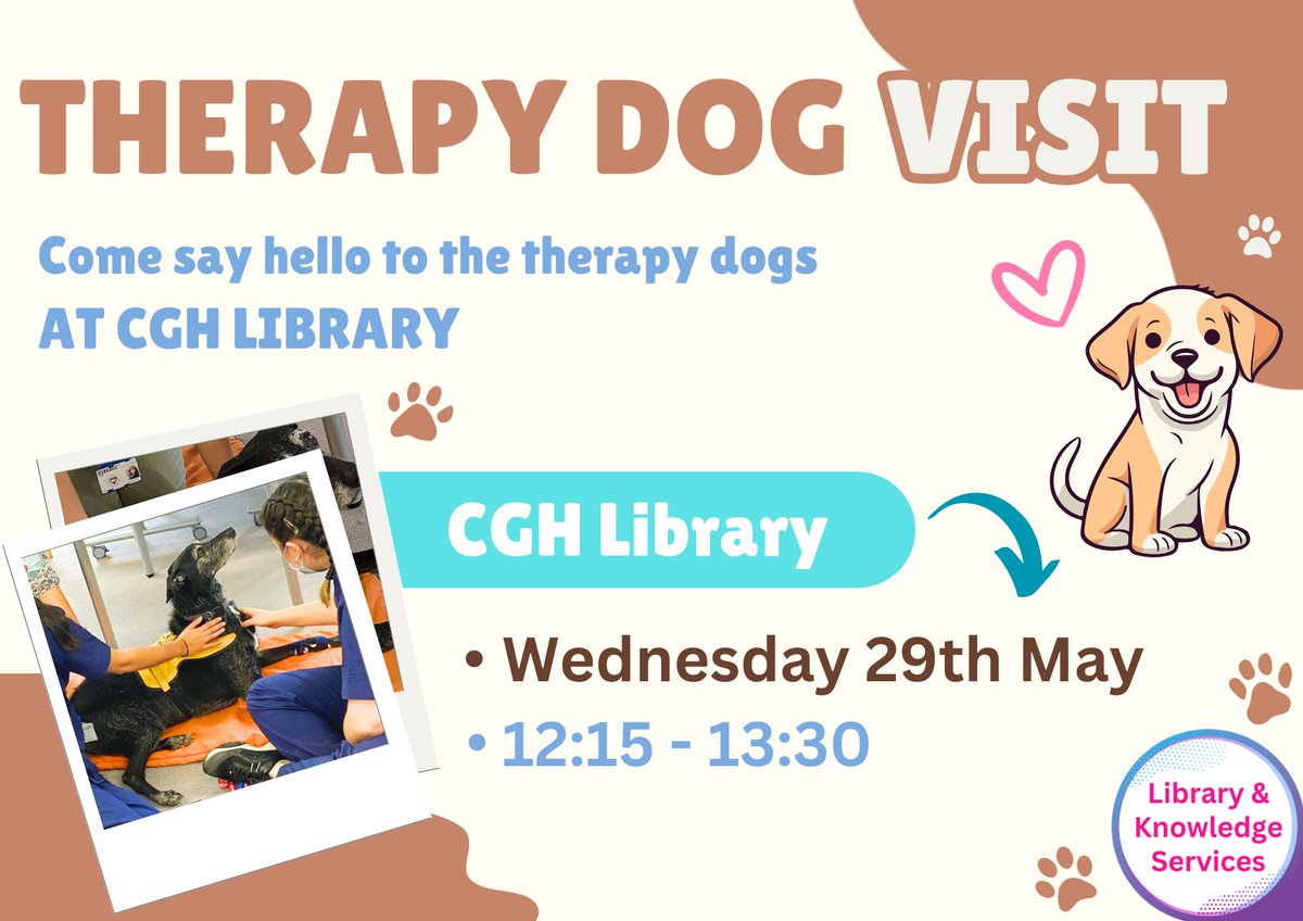 Come along to CGH library TOMORROW from 12:15pm to say hello to the lovely Pets As Therapy dogs 🐾