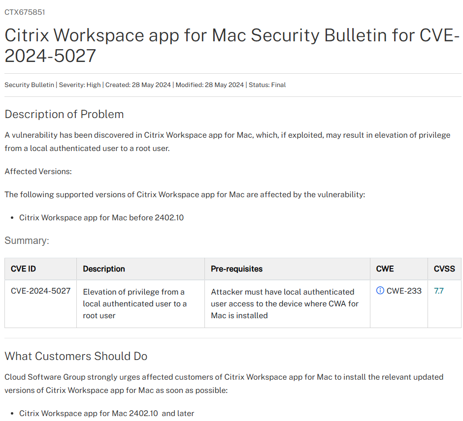 Vulnerability in Citrix Workspace app for Mac may result in elevation of privilege from a local authenticated user to a root user. support.citrix.com/article/CTX675… < fixed in Citrix Workspace app for Mac 2402.10  and later