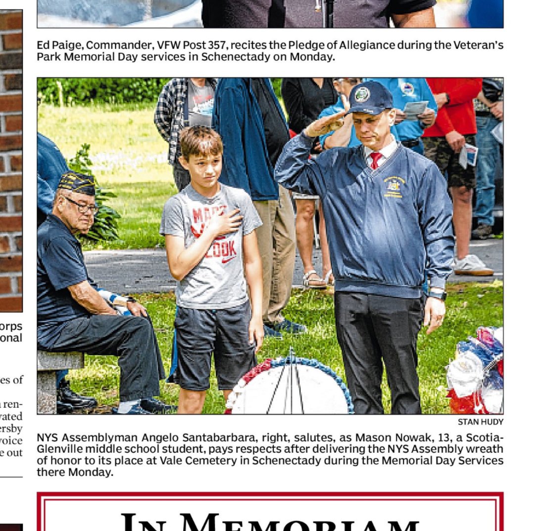 Honored to be part of this year's Memorial Day service at Vale Cemetery in Schenectady, where Mason Nowak from Scotia-Glenville Middle School helped me place a wreath in honor of our fallen heroes. Check out the great photos by <a href="/stanhudy/">Stan Hudy #IInterviewCoolPeople</a> in today’s Daily Gazette! #MemorialDay