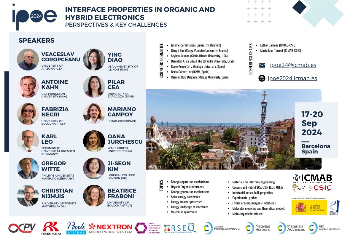 Dear Colleagues. Take a look to the upcoming 4th international conference 'Interface Properties in Organic and Hybrid Electronics: Perspectives & Key Challenges' (IPOE 2024), September 17th to 20th in Barcelona. Dont miss it!, deadline for abstract submissions extended to May 31