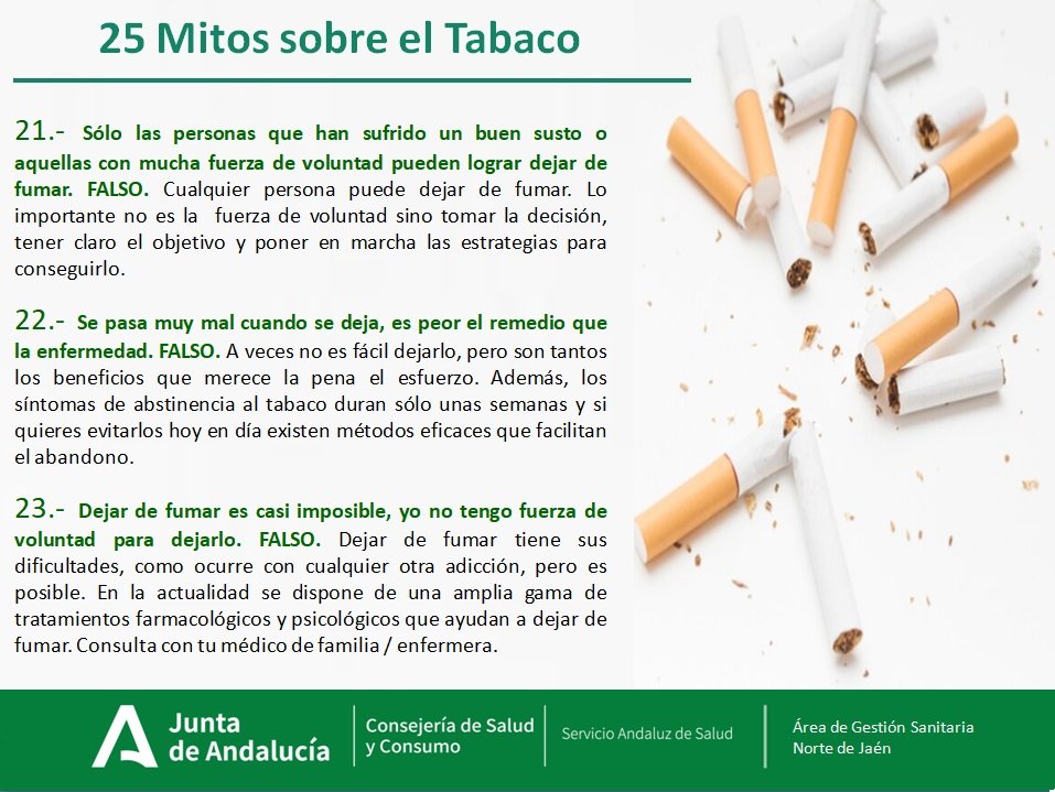 El próximo día 31 de Mayo será el #DiaMundialsinTabaco
El #tabaco es uno de los principales factores de riesgo de enfermedades crónicas y tipos de #cáncer
Sobre el tabaco existen muchos falsos mitos, hemos recogido los 25 mitos más extendidos. Seguimos compartiendo mitos.