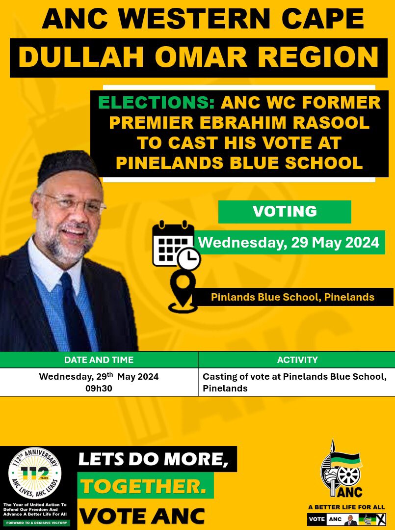 Former Western Cape Premier, Ambassador Ebrahim Rasool will vote on Wednesday 29 May 2024 at 9:30 am at Pinelands Blue School, Pinelands

#IamVotingANC
#LetsDoMoreTogether
🖤💚💛