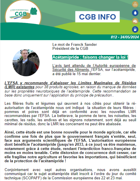 Edito de @SanderFranck - Président @CGB_FR Acétamipride : faisons changer la loi ! cgb-france.fr/presse/cp-dist…