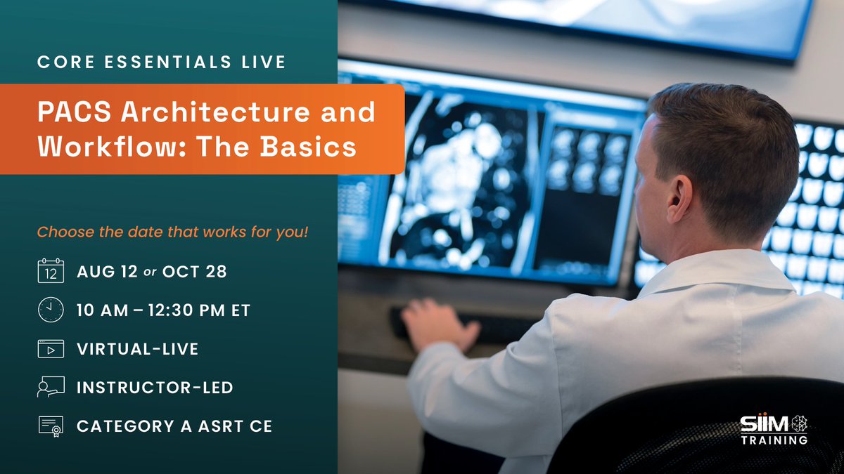 Boost your #MedicalImaging skills with #SIIMTraining Core Essentials Live: #PACS Architecture & Workflow—The Basics!
+ PACS components
+ Applications beyond radiology
+ Category A ASRT CE

Multiple date options: Aug 12 / Oct 28
Virtual-Live | ecs.page.link/Px7A1