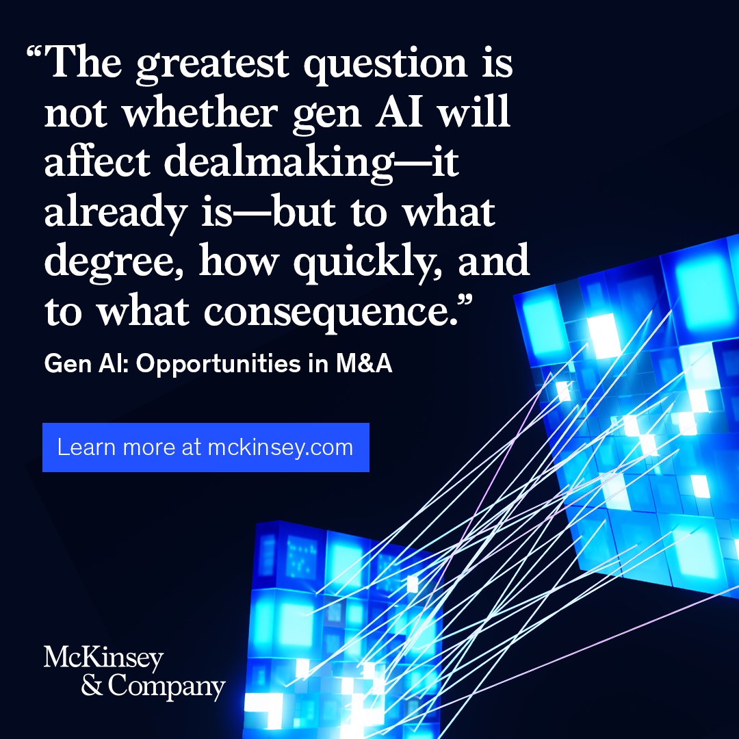 Generative AI is already making its way into the day-to-day world of M&A, and more use cases are emerging. Discover how companies should approach the opportunity: mck.co/4dYs2Gd #GenAI #McKMandA #Mergersandacquisitions