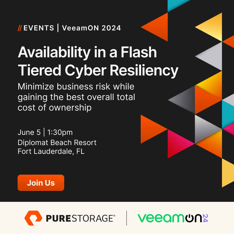 EverpureData's tweet photo. Learn how Pure Storage & @Veeam provide end-to-end immutability to minimize business risk while delivering the best, overall total cost of ownership.
Join our session June 5th to discover more. https://t.co/CO2T8wXXZf
#VeeamOn24 #data #DataStorage #PureStorage #IT #PurePartners https://t.co/1VAvQiYVY9