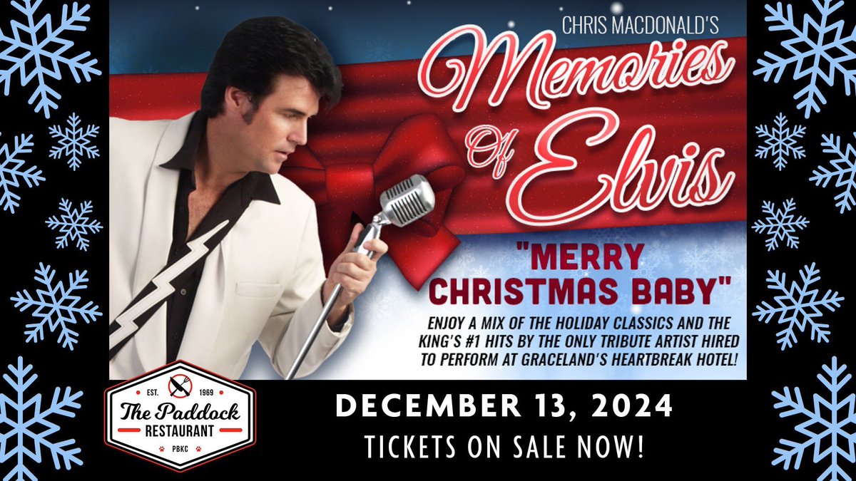 Chris MacDonald Memories of Elvis in Concert is coming back for his “Merry Christmas Baby” Dinner Show in The Paddock Restaurant on December 13! Last year’s show was a sellout! Buy now buff.ly/3UF54fR #elvispresley #christmas #dinnershow #westpalmbeach @chrismacelvis