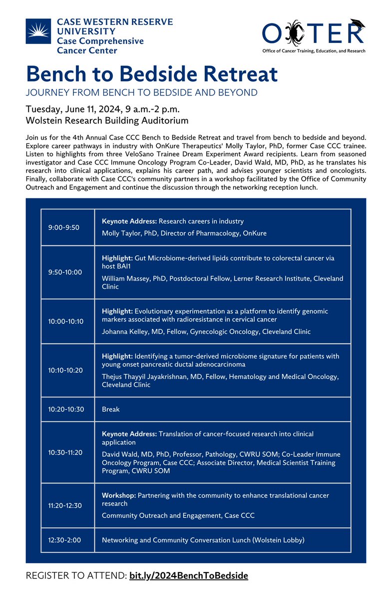 Our annual Bench to Bedside Retreat is two weeks from today! View the agenda and register to attend: case.edu/cancer/events/….