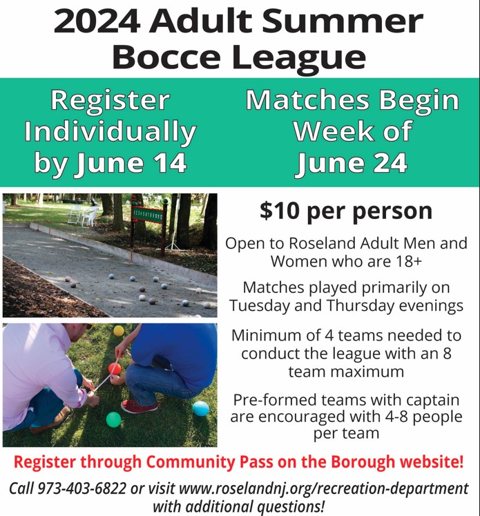 Grab your bocce balls and face off against your Roseland friends and neighbors in the new Adult Summer Bocce League starting on June 24! Register by June 14 via Community Pass to participate, along with paying the cost of $10 per person.

roselandnj.org/recreation-dep…