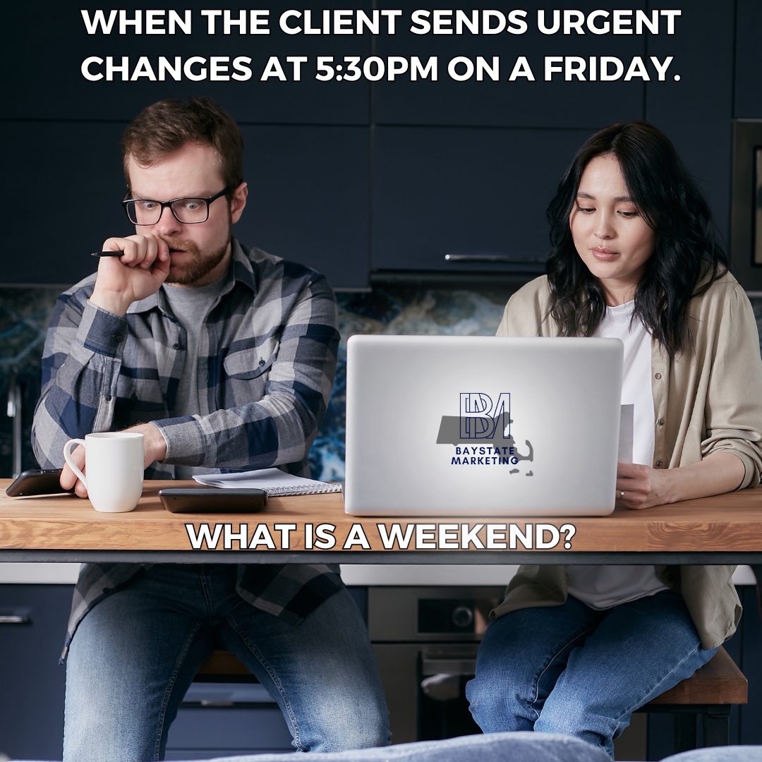 Client at 5:30 PM on a Friday: Need changes ASAP 👀 

Me: What's a weekend? 😂 

At Baystate Marketing, we hustle around the clock because your success can't wait for Monday 🚨

#MarketingLife #ClientDemands #BaystateMarketing #DigitalMarketing #NoRestForTheWicked