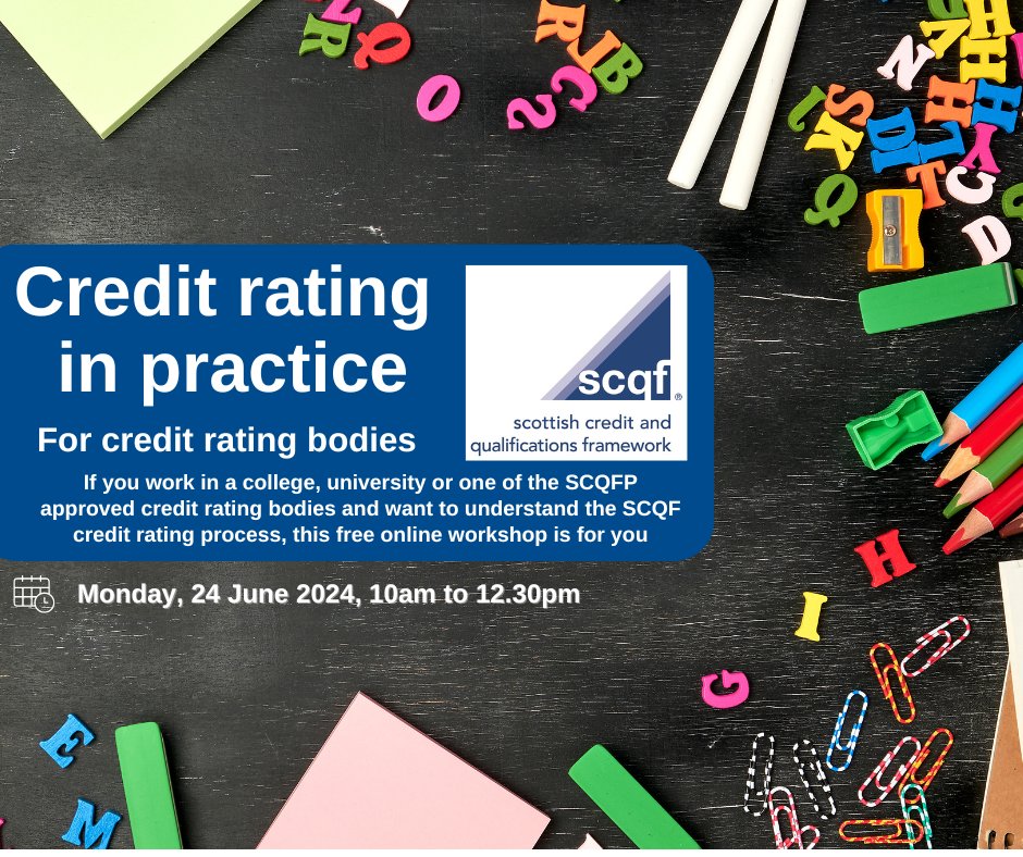 ❓Work in a college, uni or credit rating body? Want to know more about credit rating? Our credit rating in practice online workshop is for you. 🗓️Date: Monday, June 24, 2024 🔗Secure your place at scqf.org.uk/workshops/even… #SCQF #education