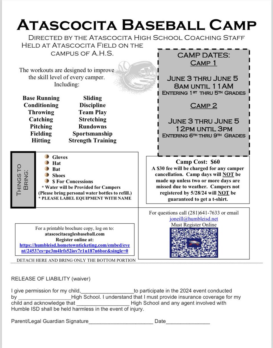 📢 Don’t miss this opportunity! Last day to sign up to guarantee a shirt! Register Today! 🦅⚾️‼️ 🗓️ June 3 - 5 ⏱️ 1st- 5th grade 8 am - 11 am ⏱️ 6th- 9th grade 12 pm - 3 pm humbleisd.hometownticketing.com/embed/event/25…