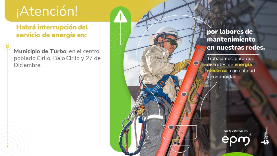 ⚠️⚡️Este miércoles 29 de mayo habrá #InterrupcionesProgramadas de #EnergíaEPM en el municipio de Turbo de 9:00 a.m. a 5:30 p.m.

Conoce las veredas aquí 👇