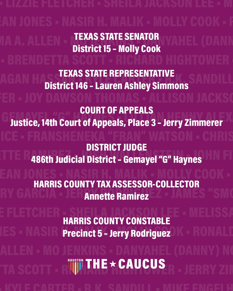 Today is Election Day for the Primary Runoff! 🗳️ Be sure to cast your ballot for our endorsed ✅ candidates: pac.thecaucus.org/endorsements Polls are open until 7️⃣p. Check wait times and locations 📍 at harrisvotes.com.