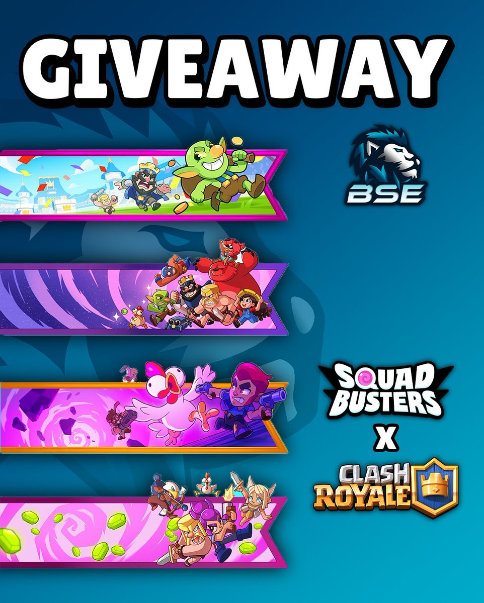 🎁12x #ExclusiveBanners GIVEAWAY 
@ClashRoyale
X
@SquadBustersx

Pour participer : 
- Like + RT 
- Follow @BSTeamOfficiel 

Tag 2 amis dans les commentaires avec qui tu vas squatter le jeu à sa sortie mondiale demain ! 

⏳TAS 03/06/2024