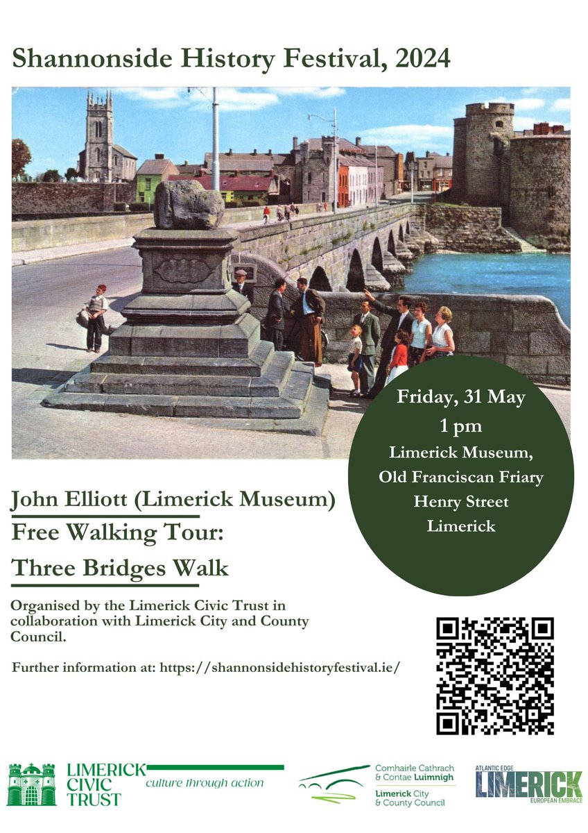 This Friday as part of the Shannonside History Festival, there will be a free tour of Limerick's three bridges walk by John Elliott at 1pm beginning from Limerick Museum, Henry Street 🧵 @LimerickMuseum @LmkCivicTrust @PeoplesMuseumLK #Limerick #limerickandproud #lovelimerick
