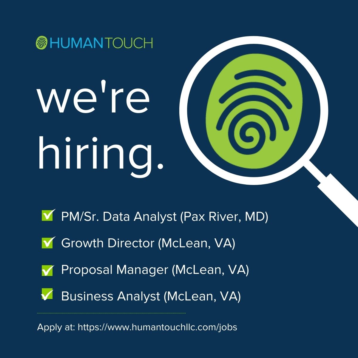 Ready to grow your career and leave a lasting imprint? Join our team and partner with federal customers to drive digital transformation and change management. Apply today! humantouchllc.com/careers
#Hiring #ITJobs #DataAnalyst #PM #Growth #ProposalManager #BusinessAnalyst #USN #VA