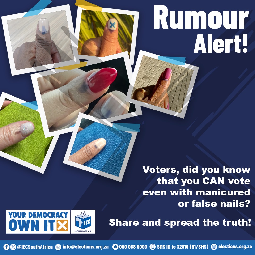 🚨 Rumour Alert! 🚨 Did you hear? Voters, rest assured, you can cast your vote even with manicured or false nails! 💅✨ Indelible ink is applied to the bed of your left thumbnail, ensuring your vote is counted, no matter your nail style. 🗳️ Let's debunk this myth and ensure every
