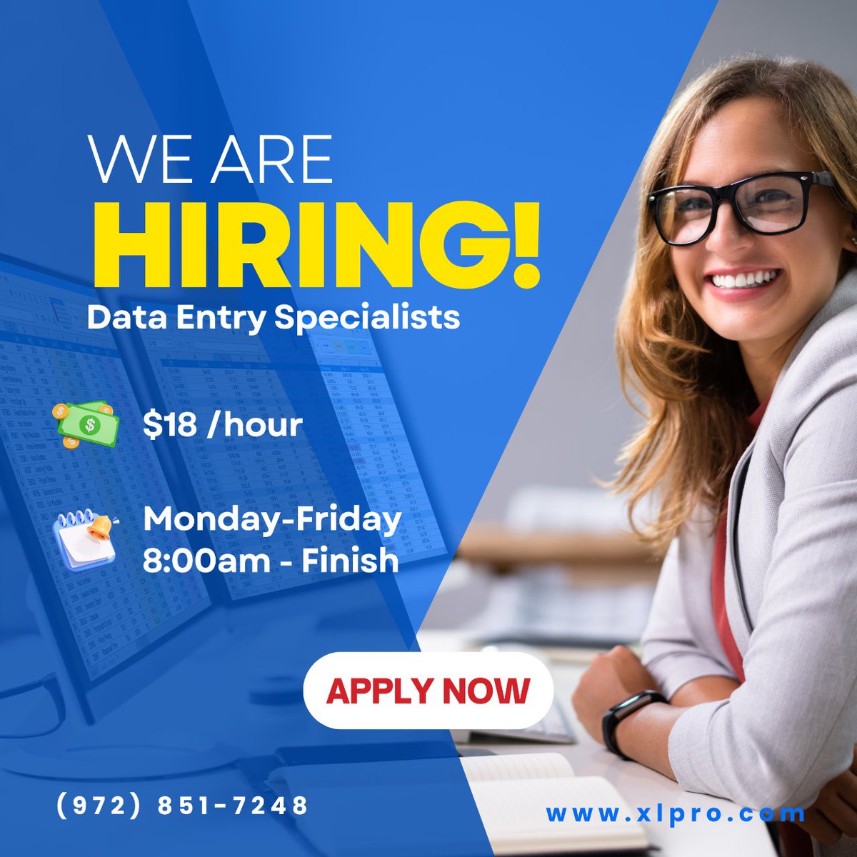 📣 #NowHiring #DataEntry Specialists in #GarlandTX! ⬇️

Want to apply? 🤩

👉 Go to our website’s Job Board or call our office for more details about this or other jobs we have available.

📞 (972) 851-7248 

#xlpro #staffing #staffingentagency