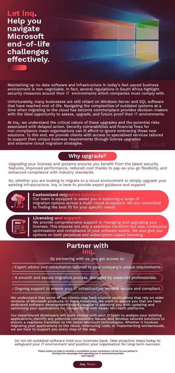Facing end-of-life issues with specific Windows Server or SQL versions? Don't let outdated tech expose you to security risks! Discover how inq. South Africa can guide your seamless upgrade or migration to the cloud. #TechUpgrade #CloudMigration #inq #Solutions