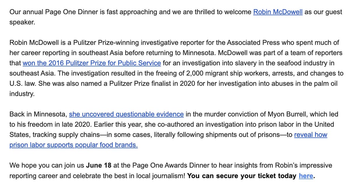 We've got a great speaker lined up for this year's <a href="/mnspj/">MN SPJ</a> Page One Awards Dinner! Get your ticket for the June 18 banquet today --> mnspj.wufoo.com/forms/kst5dci1…

(ty to <a href="/bzosiad/">Becky Zosia Dernbach</a> for the great speaker bio write-up!) 

#mnjournos #minnesotajournalism