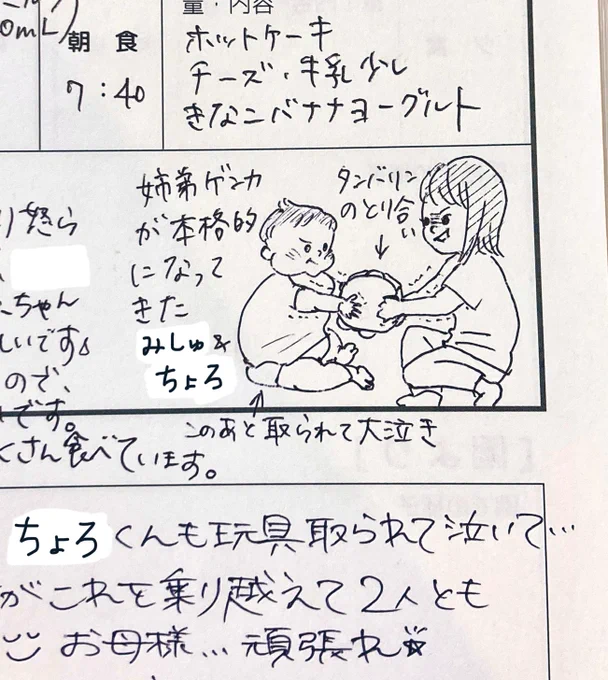 2024.05.28(tue)
生後11m14d

暗闇で描いてたらみしゅもちょろもすごい頭身になっちゃった🤣
先生が励ましてくれた🥹

#連絡帳de育児記録
#育児日記 #育児絵日記 #育児イラスト
#0歳 #11ヶ月 #2023jun_baby
#ママ垢さんと繋がりたい 