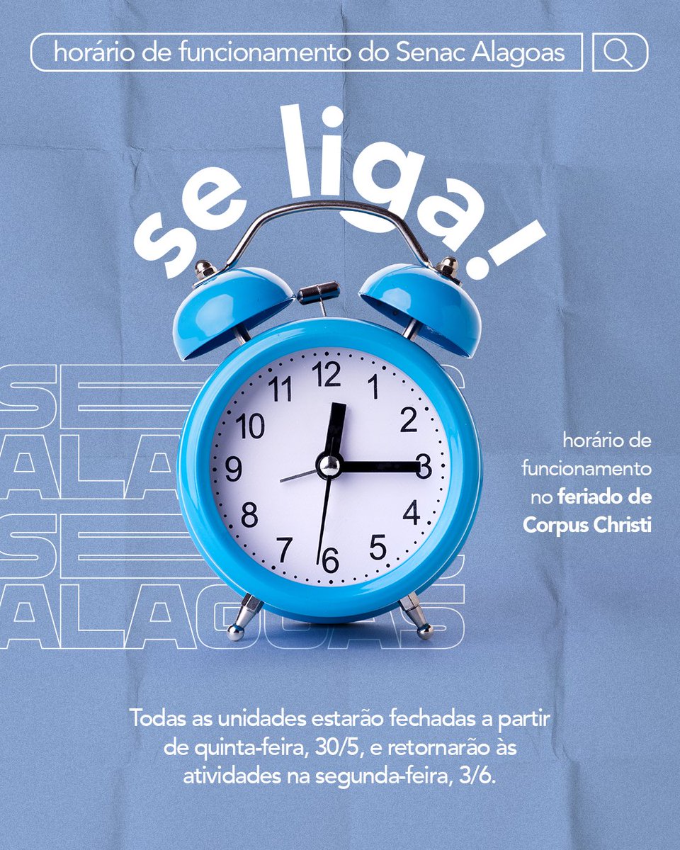 O feriado de Corpus Christi está chegando! Confira nossos horários de funcionamento e não perca nenhuma oportunidade.

#SenacAL #Feriado #HorarioDeFuncionamento