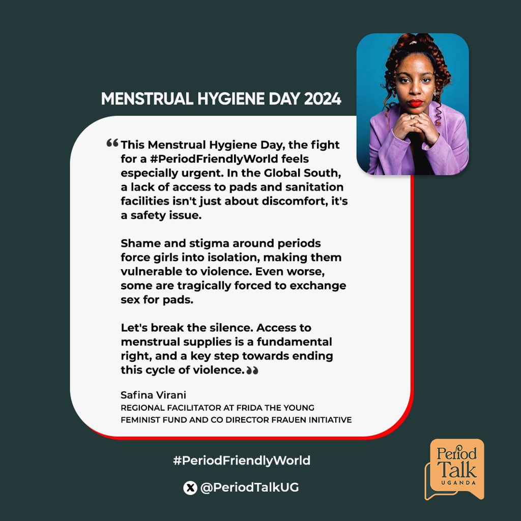 Access to menstrual hygiene products is a fundamental right. Let's continue our fight for a world where periods are a normal, not a source of shame or limitation. Together, we can break the silence and create a period-positive world! #MHDay #PeriodFriendlyWorld
 #PeriodTalkUganda