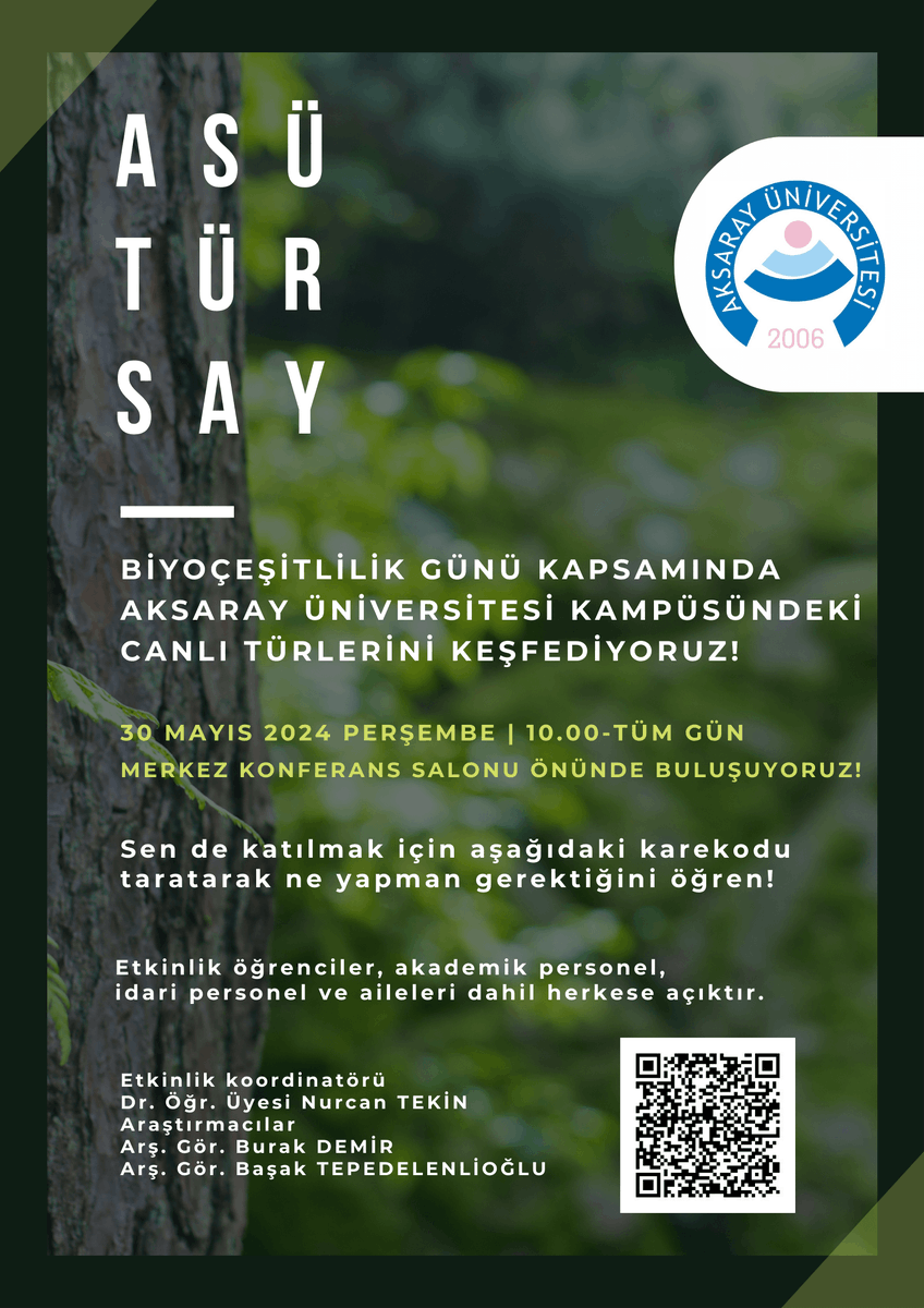 Kampüsümüzde Biyoçeşitlilik Etkiliği : ASÜ TÜR SAY 🌻🪻🐢🌲🌱 🗓️30 Mayıs 2024 Perşembe ⏰10:00- Gün Boyu 📍Toplanma Yeri : ASÜ Konferans Salonu Önü Detaylı Bilgi İçin 👇 fenbilgisi.aksaray.edu.tr/kampusumuzde-b… #ASÜ #Aksaray #AksarayÜniversitesi