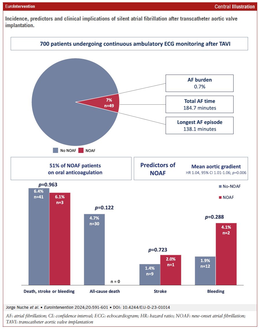 Around 7% of patients who undergo transcatheter aortic valve implantation (TAVI) develop subclinical new-onset atrial fibrillation (NOAF) shortly after the procedure. Routine ambulatory electrocardiogram monitoring could identify both slow and fast heart rate events, especially